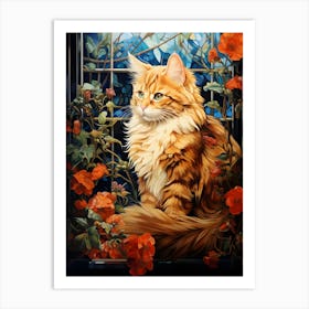 Contemporary Floral Cat On Windowsill 3 Art Print