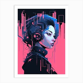 Girl With Headphones, neon pink art Art Print