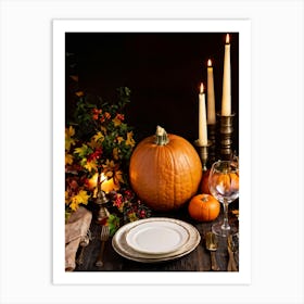 Autumnal Thanksgiving Table Setting Centering An Organic Pumpkin Surrounded By A Bounty Of Golden (7) Art Print