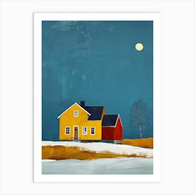 House In The Snow Night, Sweden Art Print