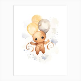 Baby Octopus Flying With Ballons, Watercolour Nursery Art 1 Art Print