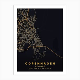 Copenhagen Denmark Black And Gold Map Art Print