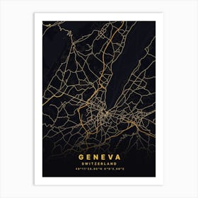 Geneva Switzerland Black And Gold Map Art Print