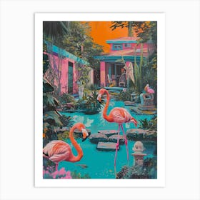 Retro Flamingoes In A Garden 1 Art Print