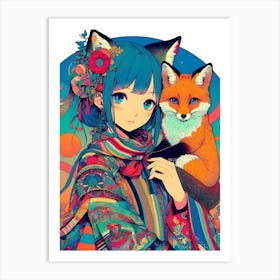 Pretty Anime Girl with Fox 5 Art Print