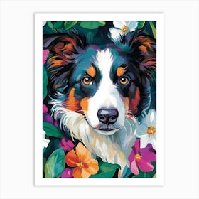 Border Collie Floral Garden Art Print