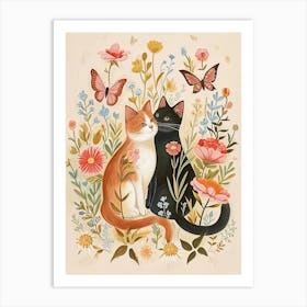 Folksy Floral Animal Drawing Cat 7 Art Print