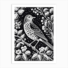 B&W Bird Linocut Hermit Thrush 3 Art Print