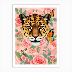 Leopard With Roses And Butterflies Art Print