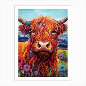 Colourful Illustration Of Highland Cow On Clear Day 2 Art Print