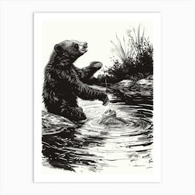 Malayan Sun Bear Catching Fish Ink Illustration 1 Art Print