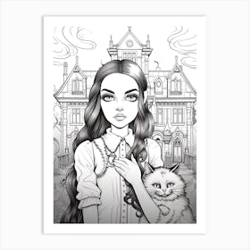 Nevermore Academy With Wednesday Addams And A Cat Line Art 0 Fan Art Art Print