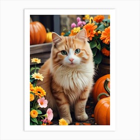 Orange Cat With Pumpkins Art Print