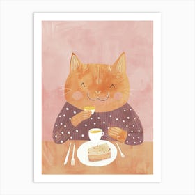 Tan Cat Having Breakfast Folk Illustration 2 Art Print