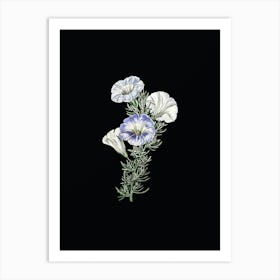 Vintage Sky Blue Alona Flower Botanical Illustration on Solid Black Art Print