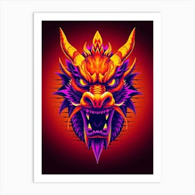 Dragon Head in Orange and Lila Glow - Pixel Style Art Print