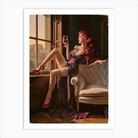 Lady In Purple With A Glass Of Red Wine Art Print