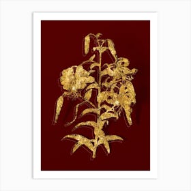 Vintage Tiger Lily Botanical in Gold on Red n.0215 Art Print