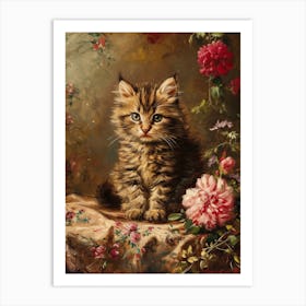 Kitten With Pink Flowers Rococo Inspired 3 Art Print