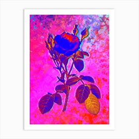 Double Moss Rose Botanical in Acid Neon Pink Green and Blue n.0103 Art Print