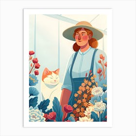 Cat and Woman Gardener with Hat and Flowers Art Print