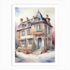 Christmas House Watercolor Painting Art Print