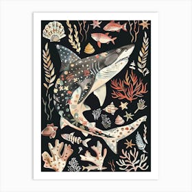 Largetooth Cookiecutter Shark Seascape Black Background Illustration 1 Art Print