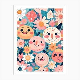 Cute Smiley Faces Seamless Pattern Art Print