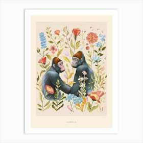 Folksy Floral Animal Drawing Gorilla 4 Poster Art Print