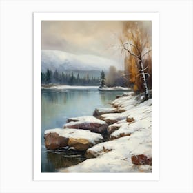 Ancient landscapes, old winter oil paintings and rocks around the lake bank. Snow is falling on the lake, old colors.11 Art Print