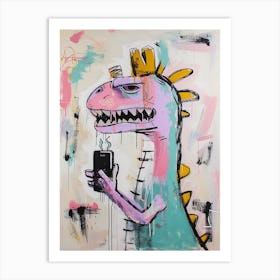 Dinosaur On A Smart Phone Pink Lilac Graffiti Style 1 Art Print