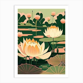 Lotus Flowers In Park Retro Illustration 1 Art Print