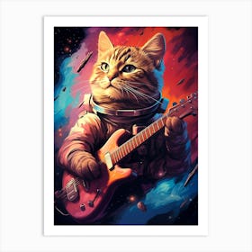 Cat Playing Guitar In Space Art Print