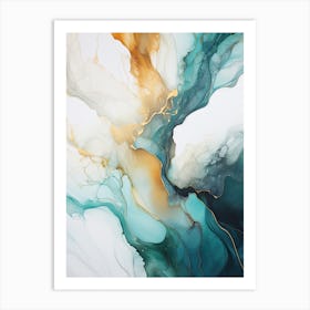 Teal, White, Gold Flow Asbtract Painting 2 Art Print