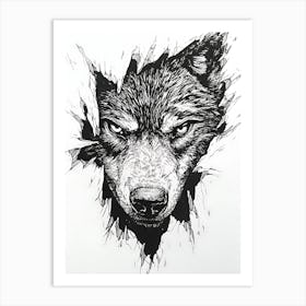 Angry Wolf Watching from Wall Hole 1 Art Print