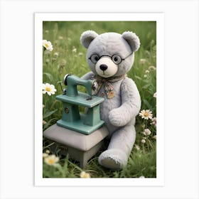 Teddy Bear With Sewing Machine Art Print