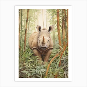 Vintage Illustration Of A Rhino Walking Through The Leaves 3 Art Print