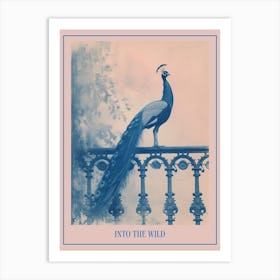 Cyanotype Inspired Peacock Resting On A Handrail 1 Poster Art Print