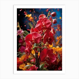 Red Orchids Caught In The Midst Of A Colorful Explosion Dynamic And Striking Bursting Amidst Vibra Art Print