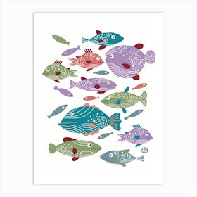 School of Spiral Fish [blue on white] Art Print