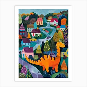 Cute Colourful Dinosaur In A Village 4 Art Print