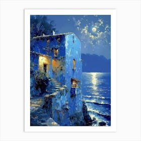 Blue Moon over Aegean Sea |Paradise Beautiful Landscape Scenery Painting | Contemporary Art Print for Feature Wall | Vibrant Beautiful Wall Decor in HD Art Print