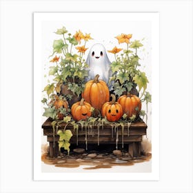 Cute Bedsheet Ghost, Botanical Halloween Watercolour 135 Art Print