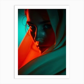 Mysterious Female Face with Teal and Orange Glow Poster