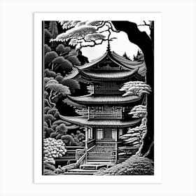 Ninna Ji Temple, 1, Japan Linocut Black And White Vintage Art Print