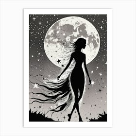 Silhouette of a Woman Walking Under the Moonlight Art Print