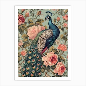 Floral Pink Roses Peacock 1 Art Print