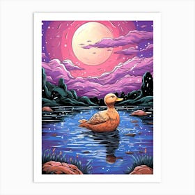 Duck In The Water At Night 1 Art Print