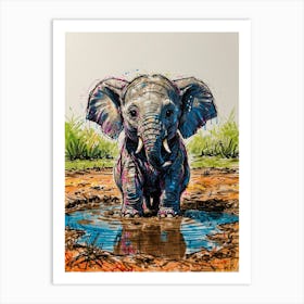 Baby Elephant In Puddle Art Print