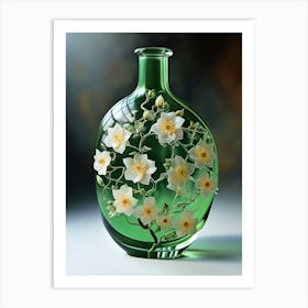 Green Vase With White Flowers Art Print